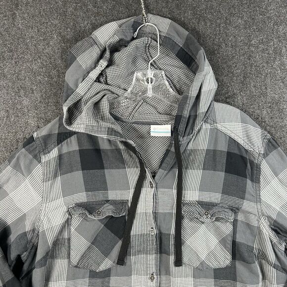Columbia Two Times Shirt Women’s 1X Gray Check Hooded Pockets Button Down Plus - Picture 2 of 8